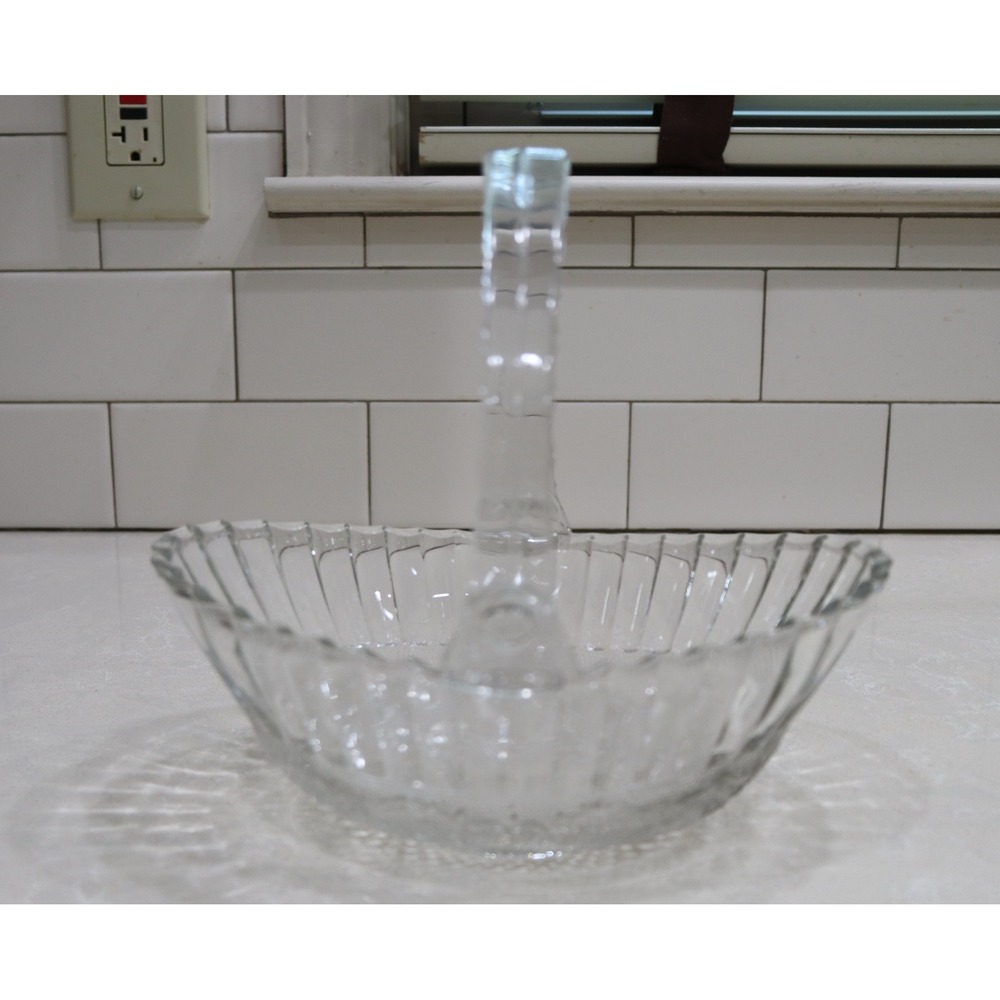 KIG Malaysia Clear Glass Basket Bowl Fleur de Lis Sandwich Glass Plastic Handle